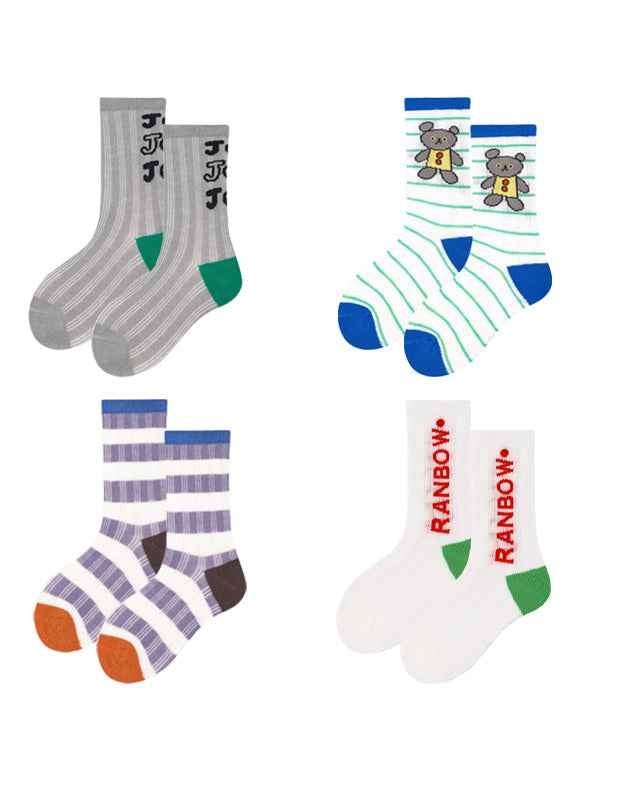 4-Pack Kids Cotton Crew Socks Gummy Grizzly Bear Stripe Casual