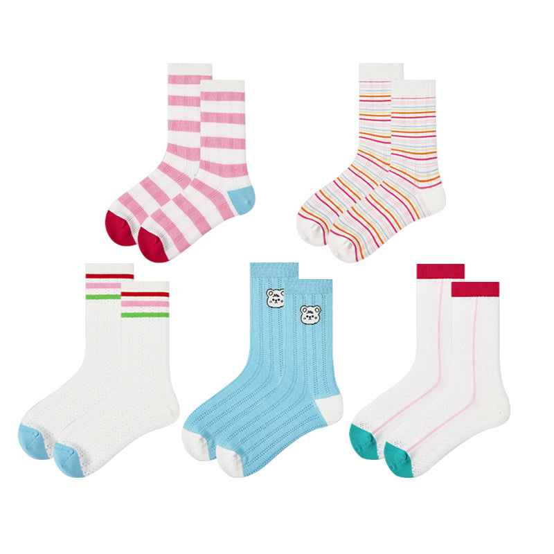 5-Pack Rainbow Line Series Women Cotton Crew Socks Colorful Stripe Cute