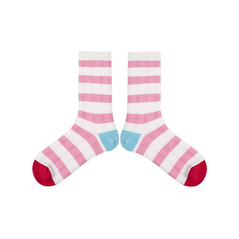 5-Pack Rainbow Line Series Women Cotton Crew Socks Colorful Stripe Cute
