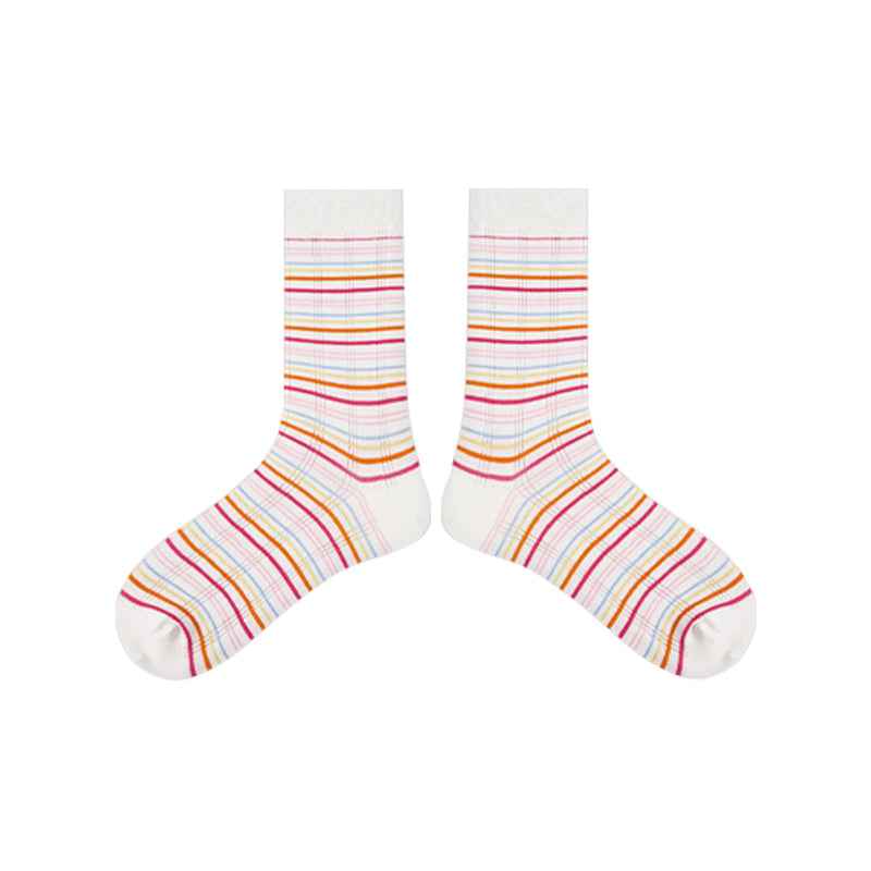 5-Pack Rainbow Line Series Women Cotton Crew Socks Colorful Stripe Cute