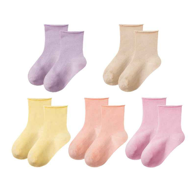 5-Pack Kids Cotton Ankle Socks Solid Color Mesh Casual