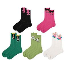 5-Pack Cute Summer Series Women Cotton Crew Socks Cartoon Mesh Stripe