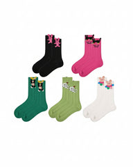 5-Pack Cute Summer Series Women Cotton Crew Socks Cartoon Mesh Stripe
