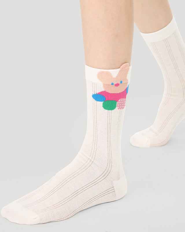 5-Pack Cute Summer Series Women Cotton Crew Socks Cartoon Mesh Stripe