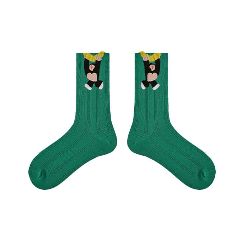 5-Pack Cute Summer Series Women Cotton Crew Socks Cartoon Mesh Stripe