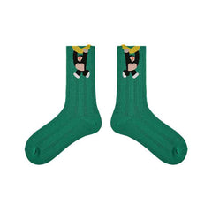 5-Pack Cute Summer Series Women Cotton Crew Socks Cartoon Mesh Stripe