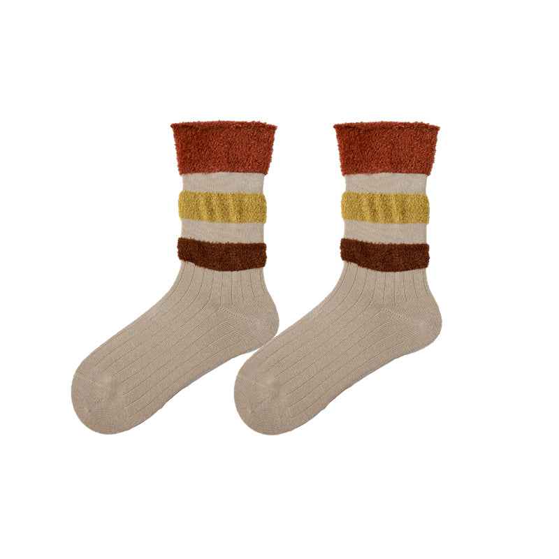 Women Cotton Crew Socks Plush Contrast Color Stitching Thick Warm Retro