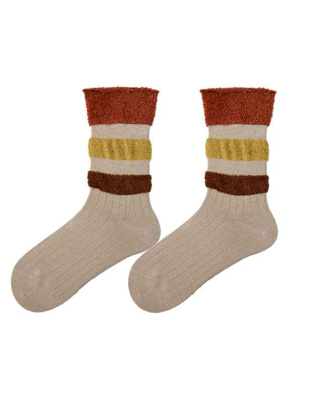 Women Cotton Crew Socks Plush Contrast Color Stitching Thick Warm Retro