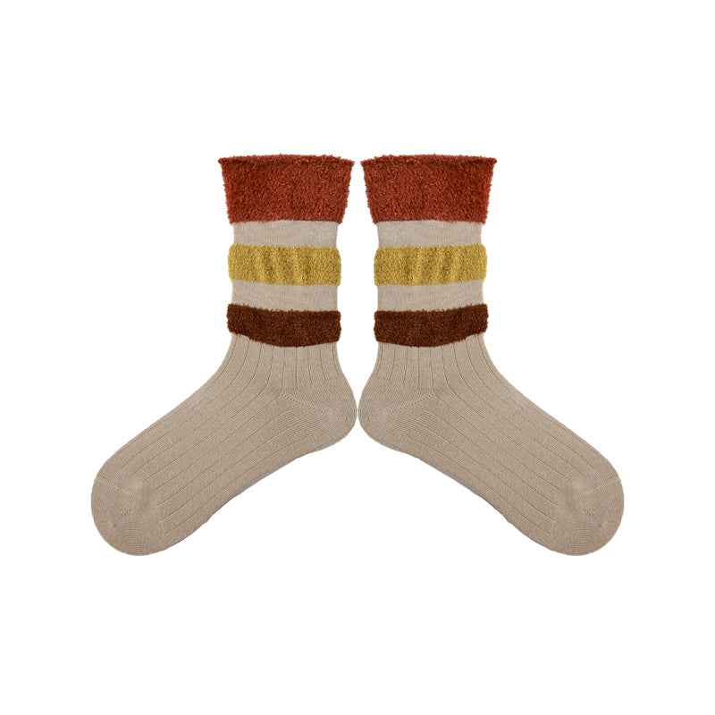 Women Cotton Crew Socks Plush Contrast Color Stitching Thick Warm Retro