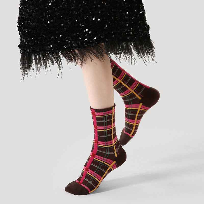 Women Cotton Crew Socks Retro Plaid Vintage Style Thick Warm