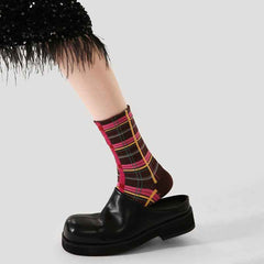 Women Cotton Crew Socks Retro Plaid Vintage Style Thick Warm
