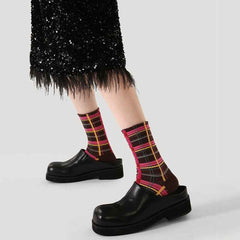 Women Cotton Crew Socks Retro Plaid Vintage Style Thick Warm