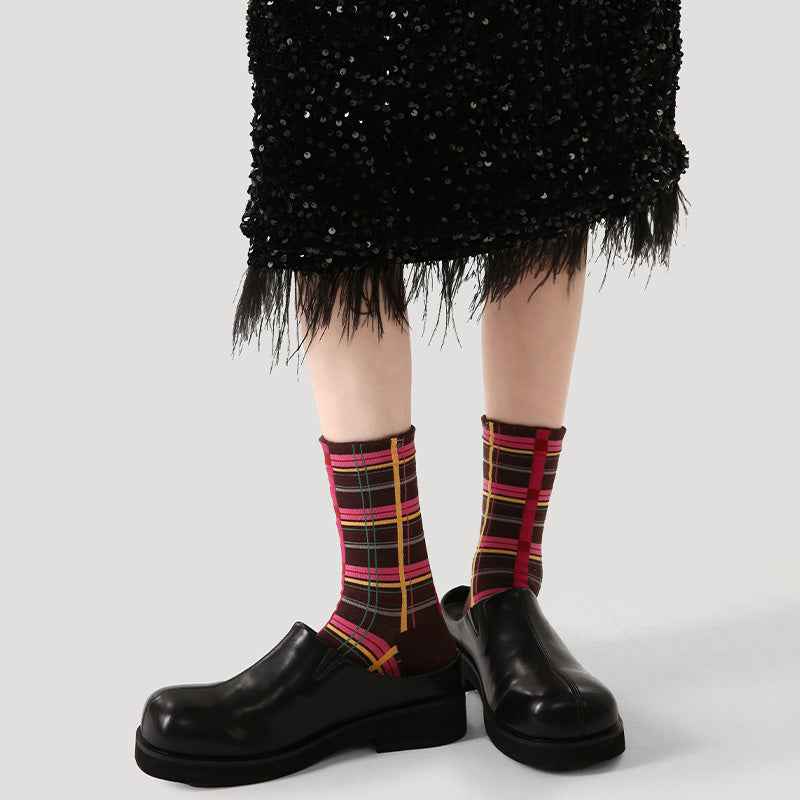 Women Cotton Crew Socks Retro Plaid Vintage Style Thick Warm