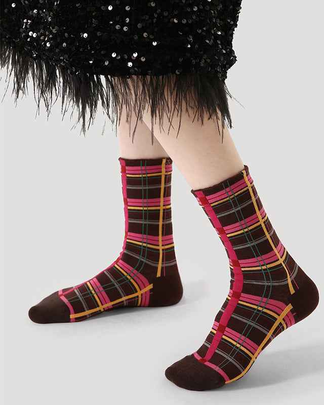 Women Cotton Crew Socks Retro Plaid Vintage Style Thick Warm