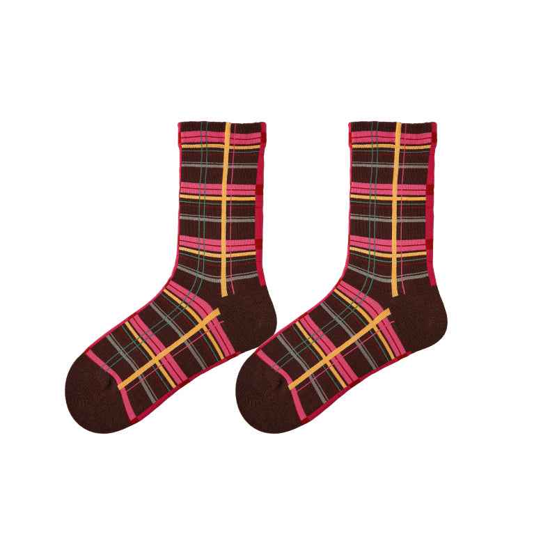 Women Cotton Crew Socks Retro Plaid Vintage Style Thick Warm