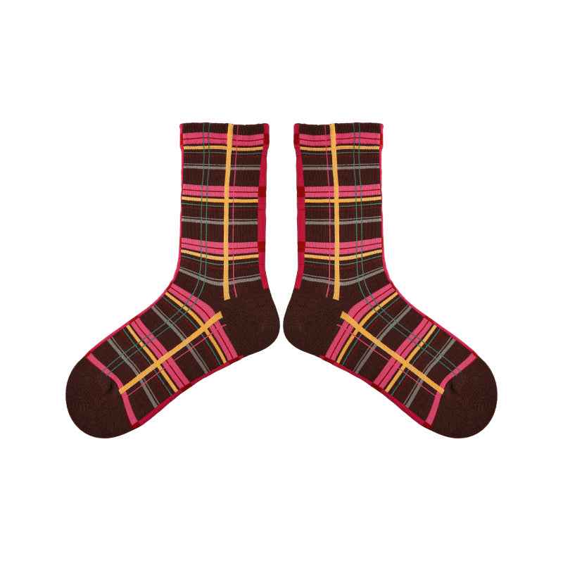Women Cotton Crew Socks Retro Plaid Vintage Style Thick Warm
