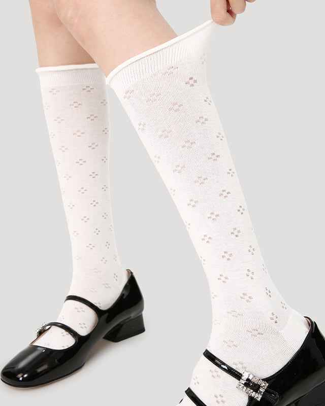 Women Ballet Cotton Knee High Socks Seamless Mesh Hollow Pattern Thin