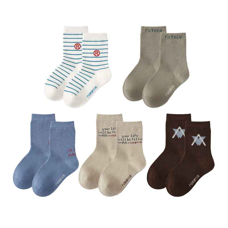 5-Pack Kids Cotton Crew Socks Stripe Letter Sporty Casual Thick Warm