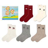 禮盒套裝 女士棉質中筒襪 可愛動物圖案 舒適無縫襪子