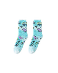 Women Crew Socks Graffiti Series Fuzzy Thick Warm Soft Non Slip