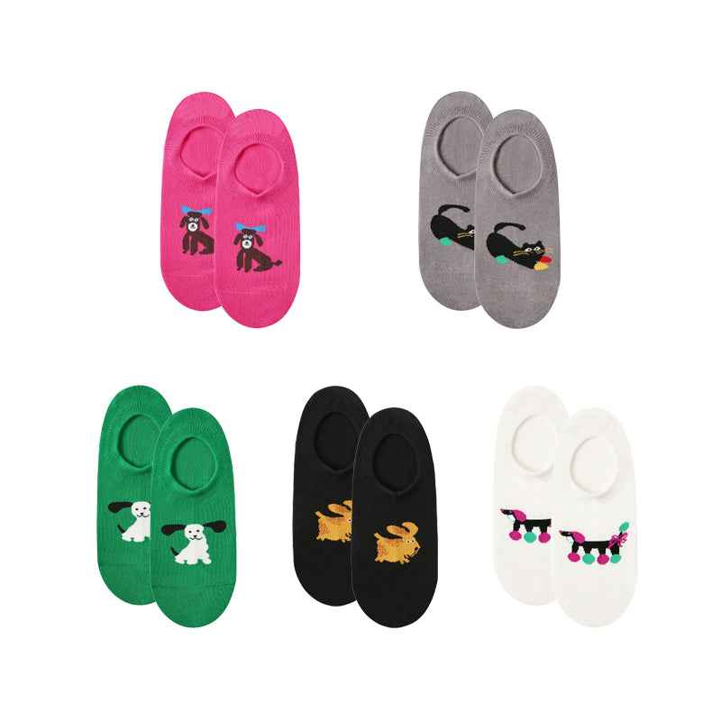 5-Pack Happy Party Series Women No Show Socks Cotton Seamless Non Slip