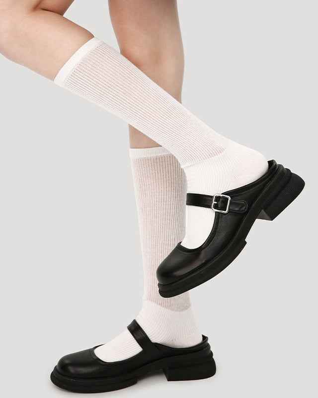 Women Lolita Cotton Knee High Socks Seamless Cutout Stripe Mesh Breathable