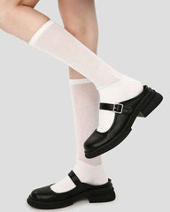Women Lolita Cotton Knee High Socks Seamless Cutout Stripe Mesh Breathable