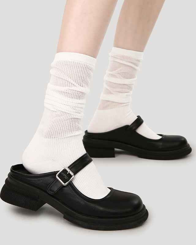 Women Lolita Cotton Knee High Socks Seamless Cutout Stripe Mesh Breathable