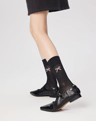 리본 프린트 크루 삭스 발레 스타일 얇은 면 양말