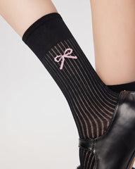 리본 프린트 크루 삭스 발레 스타일 얇은 면 양말