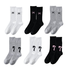 리본 프린트 크루 삭스 발레 스타일 얇은 면 양말