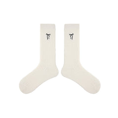 Solid Color Bow Embroidery Women Crew Socks Cozy Seamless