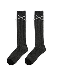 여성용 면 무릎 길이 양말 캐주얼 솔리드 리본 장식 트렌디하고 포근함