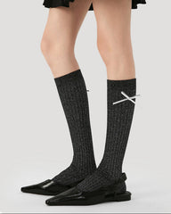 여성용 면 무릎 길이 양말 캐주얼 솔리드 리본 장식 트렌디하고 포근함