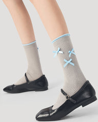 女款荷葉邊蝴蝶結甜美芭蕾風無縫中筒棉襪子