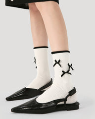 여성 러플 리본 스위트 발레 스타일 심리스 크루 면 양말