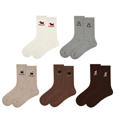 여성 자수 동물 면 크루 통기성 편안한 양말