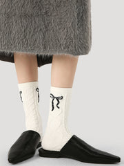 여성용 부드러운 면 크루 양말 리본 패턴 편안한 무봉제