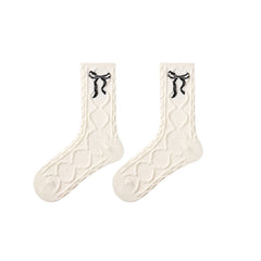 여성용 부드러운 면 크루 양말 리본 패턴 편안한 무봉제