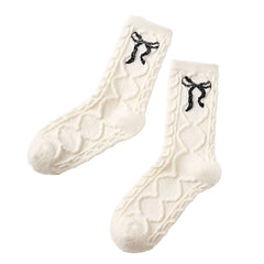 여성용 부드러운 면 크루 양말 리본 패턴 편안한 무봉제