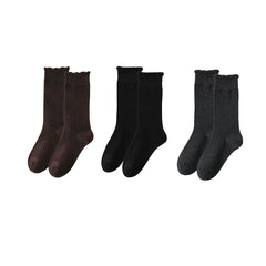 3組合女款棉質中筒襪 基本素色荷葉邊休閒