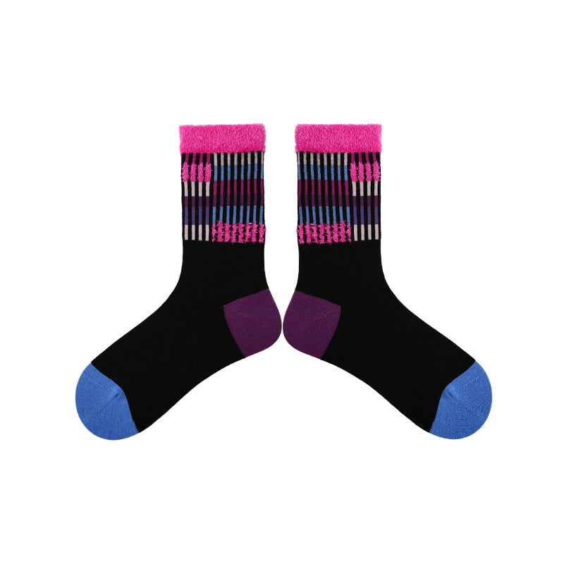 Women Cotton Crew Socks Vintage Contrast Color Plush Cuff Cozy Warm
