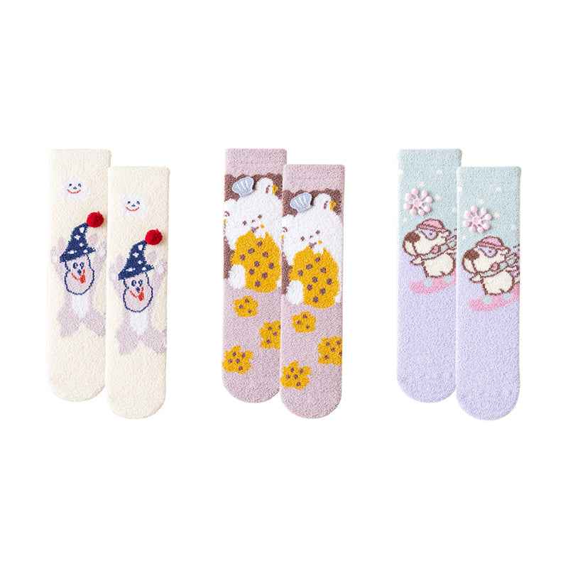 Sweetnana 3-Pack Women’s Cozy Crew Socks – Fuzzy Winter Tube Socks with Cute Cartoon Animals, Perfect for Lounge Wear and Warmth