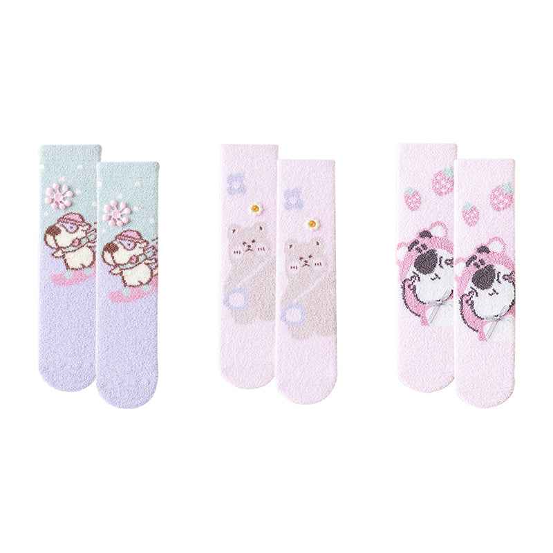 Sweetnana 3-Pack Women’s Cozy Crew Socks – Fuzzy Winter Tube Socks with Cute Cartoon Animals, Perfect for Lounge Wear and Warmth