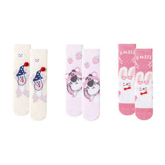 Sweetnana 3-Pack Women’s Cozy Crew Socks – Fuzzy Winter Tube Socks with Cute Cartoon Animals, Perfect for Lounge Wear and Warmth