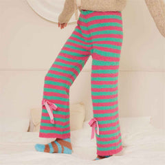 Colorful Striped Bow Knot Lounge Pants Coral Fleece Nine Point Home Pants