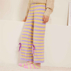 Sweetnana 2024 F/W Colorful striped bow-knot lounge pants, Coral fleece fabric, thickened and warm, Nine-point pants, Colorful home pants pajama pants, Also can be worn outside.