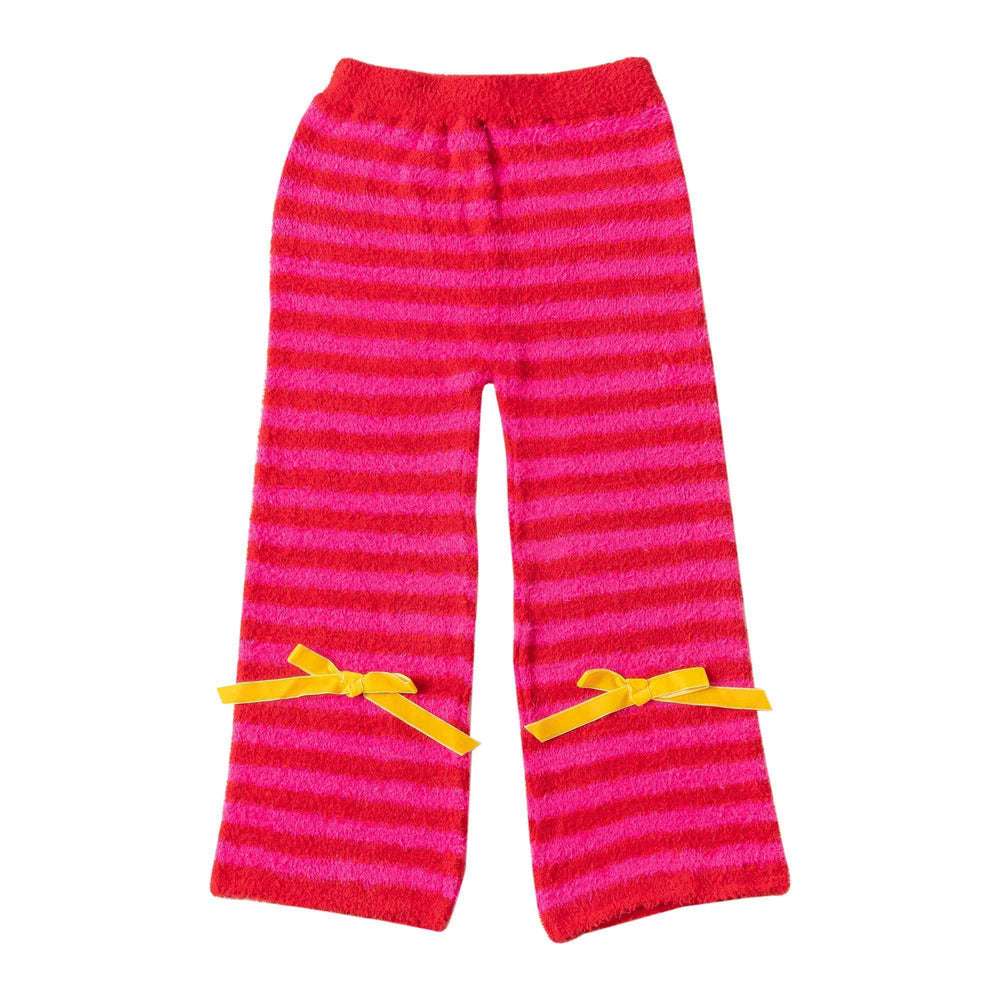 Colorful Striped Bow Knot Lounge Pants Coral Fleece Nine Point Home Pants