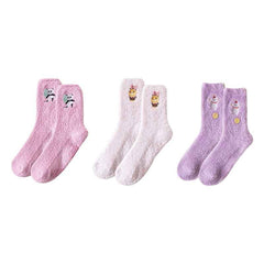 Sweetnana Cozy Crew Socks for Women: 3-Pack Cute Embroidered Fuzzy Socks, Thickened Non-slip and Warm, Lounge Wear & Winter Stockings