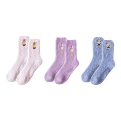 Sweetnana Cozy Crew Socks for Women: 3-Pack Cute Embroidered Fuzzy Socks, Thickened Non-slip and Warm, Lounge Wear & Winter Stockings